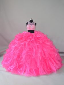  Hot Pink Organza Zipper Scoop Sleeveless 15th Birthday Dress Court Train Beading and Ruffles