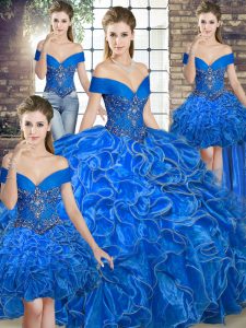 Discount Royal Blue Ball Gowns Beading and Ruffles 15th Birthday Dress Lace Up Organza Sleeveless Floor Length