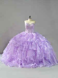 Fabulous Lavender Ball Gowns Sweetheart Sleeveless Organza Brush Train Lace Up Beading and Ruffles Quinceanera Dress