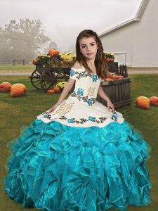 Cheap Floor Length Aqua Blue Kids Pageant Dress Straps Sleeveless Lace Up