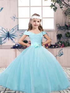 Graceful Aqua Blue Lace Up Little Girls Pageant Gowns Lace and Belt Sleeveless Floor Length