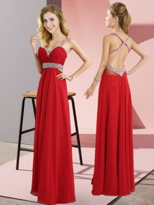  Red Sleeveless Beading Floor Length Prom Gown