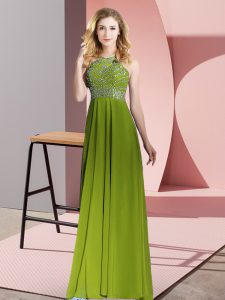  Olive Green Empire Scoop Sleeveless Chiffon Floor Length Backless Beading Homecoming Dress
