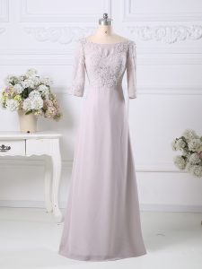  Pink Scoop Neckline Beading and Embroidery Prom Dress 3 4 Length Sleeve Zipper