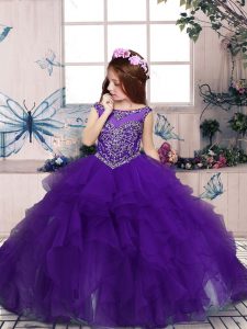  Sleeveless Organza Floor Length Zipper Little Girls Pageant Dress Wholesale in Purple with Beading and Ruffles