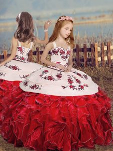  Red Straps Lace Up Embroidery and Ruffles Little Girl Pageant Gowns Sleeveless