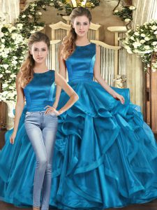 Latest Teal Scoop Neckline Ruffles Sweet 16 Dresses Sleeveless Lace Up