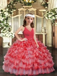  Ball Gowns Little Girl Pageant Gowns Coral Red V-neck Organza Sleeveless Floor Length Zipper