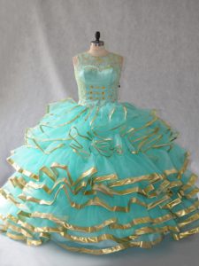 Custom Fit Aqua Blue Sleeveless Organza Lace Up Quinceanera Gowns for Sweet 16 and Quinceanera