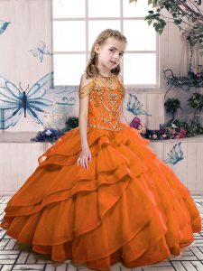  Orange Red Ball Gowns High-neck Sleeveless Organza Floor Length Lace Up Beading Kids Pageant Dress