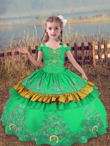 Amazing Turquoise Satin Lace Up Off The Shoulder Sleeveless Floor Length Little Girls Pageant Gowns Beading and Embroidery