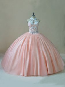 Elegant Peach Halter Top Lace Up Beading and Lace Quinceanera Gown Sleeveless