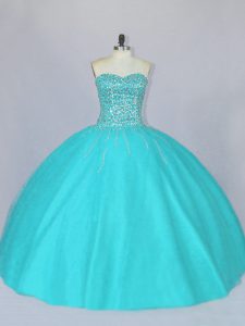 Most Popular Sleeveless Floor Length Beading Lace Up 15 Quinceanera Dress with Aqua Blue