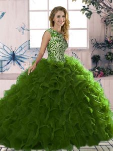 Hot Sale Floor Length Lace Up Quinceanera Gown Olive Green for Military Ball and Sweet 16 and Quinceanera with Beading and Ruffles