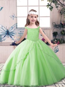  Ball Gowns Off The Shoulder Sleeveless Tulle Floor Length Lace Up Beading Girls Pageant Dresses