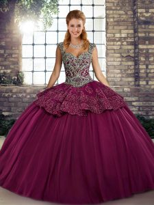 Fuchsia Ball Gowns Tulle Straps Sleeveless Beading and Appliques Floor Length Lace Up Sweet 16 Quinceanera Dress