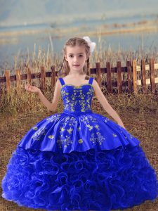 Unique Lace Up Little Girl Pageant Dress Royal Blue for Wedding Party with Embroidery Sweep Train