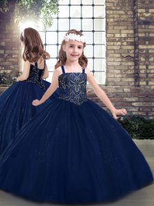  Ball Gowns Child Pageant Dress Navy Blue Straps Tulle Sleeveless Floor Length Lace Up