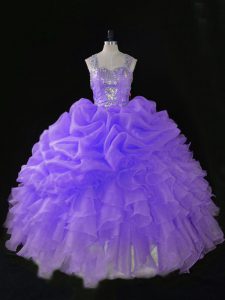  Lavender Ball Gowns Straps Sleeveless Organza Floor Length Zipper Beading and Ruffles and Pick Ups Quinceanera Dress