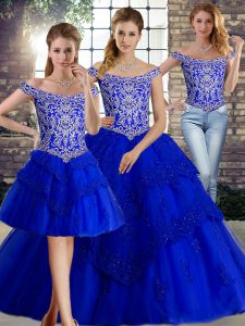  Off The Shoulder Sleeveless Tulle 15 Quinceanera Dress Beading and Lace Brush Train Lace Up