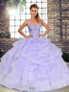 Decent Lavender Sleeveless Beading and Ruffles Floor Length 15th Birthday Dress