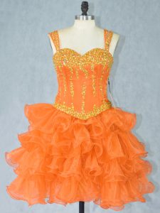  Orange Ball Gowns Organza Straps Sleeveless Beading and Ruffled Layers Mini Length Lace Up Dress for Prom