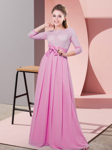 Dazzling Rose Pink Vestidos de Damas Wedding Party with Lace and Belt Scoop 3 4 Length Sleeve Side Zipper