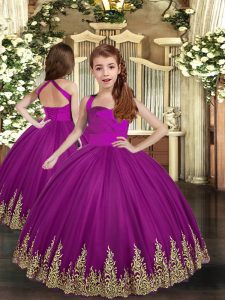 Hot Selling Purple Straps Neckline Embroidery Little Girl Pageant Gowns Sleeveless Lace Up