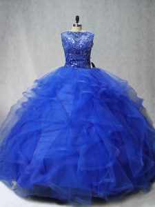  Scoop Sleeveless Quinceanera Dress Brush Train Beading and Ruffles Royal Blue Tulle
