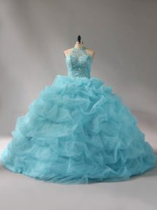  Aqua Blue Organza Lace Up Halter Top Sleeveless Quince Ball Gowns Court Train Beading and Pick Ups
