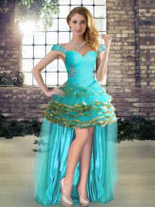 Captivating Aqua Blue A-line Beading and Ruffled Layers Evening Dress Lace Up Organza Sleeveless High Low