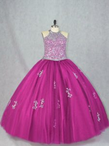  Tulle Halter Top Sleeveless Lace Up Beading and Appliques Quinceanera Gowns in Fuchsia