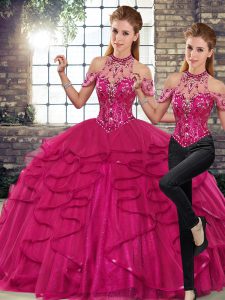  Beading and Ruffles Quinceanera Dresses Fuchsia Lace Up Sleeveless Floor Length