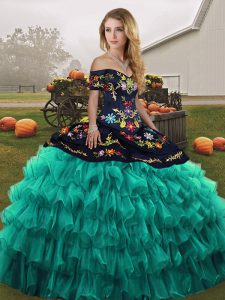 Fancy Floor Length Lace Up Sweet 16 Dress Turquoise for Military Ball and Sweet 16 and Quinceanera with Embroidery and Ruffled Layers