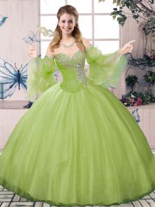 Flirting Olive Green Lace Up Vestidos de Quinceanera Beading Long Sleeves Floor Length