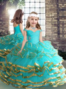  Aqua Blue Sleeveless Tulle Lace Up Child Pageant Dress for Party and Wedding Party
