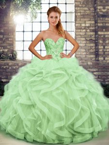  Apple Green Ball Gown Prom Dress Military Ball and Sweet 16 and Quinceanera with Beading and Ruffles Sweetheart Sleeveless Lace Up
