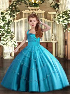  Beading Child Pageant Dress Baby Blue Lace Up Sleeveless Floor Length