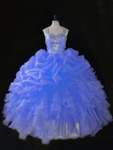 Gorgeous Blue Ball Gowns Beading and Ruffles Sweet 16 Quinceanera Dress Zipper Organza Sleeveless Floor Length
