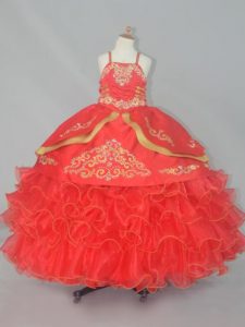  Sleeveless Organza Floor Length Lace Up Pageant Gowns For Girls in Red with Embroidery and Ruffled Layers