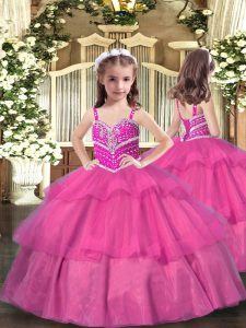 Sweet Lilac Straps Neckline Beading and Ruffled Layers Little Girls Pageant Gowns Sleeveless Lace Up