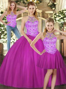  Halter Top Sleeveless Tulle Quince Ball Gowns Beading Lace Up