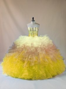 Romantic Sleeveless Floor Length Beading and Ruffles Lace Up 15 Quinceanera Dress with Multi-color