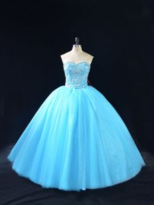 Low Price Sleeveless Floor Length Beading Lace Up Quinceanera Gown with Baby Blue