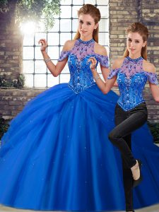Artistic Blue Two Pieces Halter Top Sleeveless Tulle Brush Train Lace Up Beading and Pick Ups Quinceanera Gown
