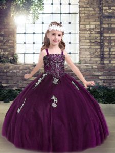 Discount Eggplant Purple Sleeveless Floor Length Appliques Lace Up Little Girls Pageant Gowns