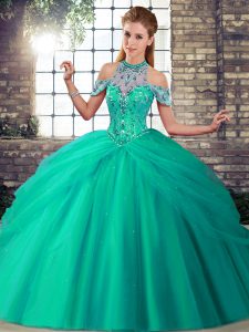  Halter Top Sleeveless Brush Train Lace Up Sweet 16 Dresses Turquoise Tulle