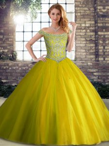  Yellow Green Ball Gowns Tulle Off The Shoulder Sleeveless Beading Lace Up 15th Birthday Dress Brush Train