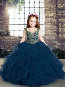  Lace Up Kids Pageant Dress Blue for Party and Wedding Party with Beading and Ruffles