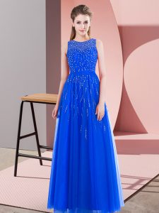Most Popular Blue Empire Beading Evening Dress Side Zipper Tulle Sleeveless Floor Length